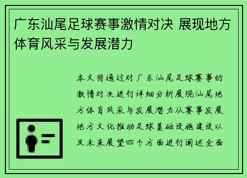 广东汕尾足球赛事激情对决 展现地方体育风采与发展潜力