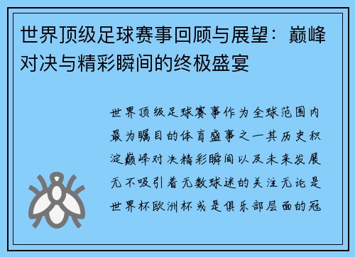 世界顶级足球赛事回顾与展望：巅峰对决与精彩瞬间的终极盛宴