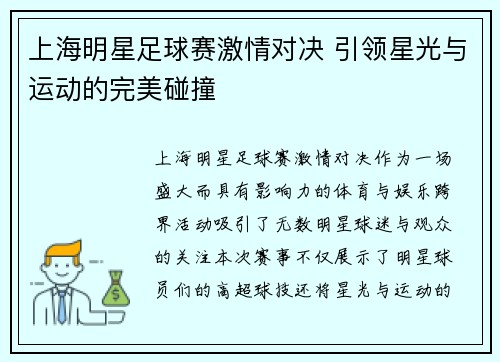 上海明星足球赛激情对决 引领星光与运动的完美碰撞
