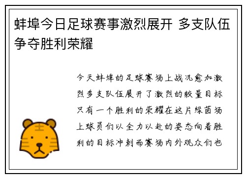 蚌埠今日足球赛事激烈展开 多支队伍争夺胜利荣耀