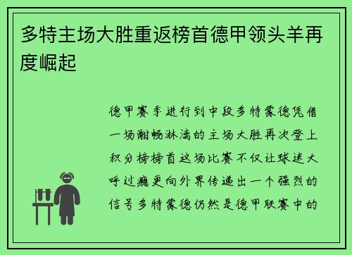 多特主场大胜重返榜首德甲领头羊再度崛起