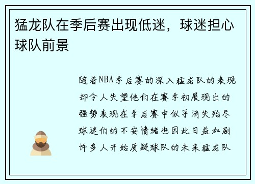 猛龙队在季后赛出现低迷，球迷担心球队前景