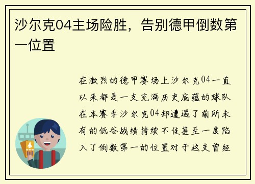 沙尔克04主场险胜，告别德甲倒数第一位置