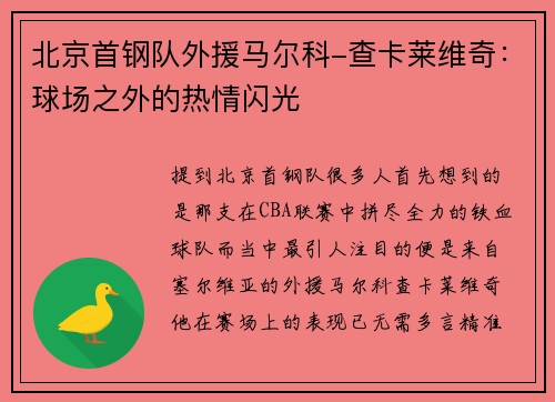 北京首钢队外援马尔科-查卡莱维奇：球场之外的热情闪光
