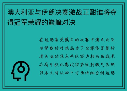 澳大利亚与伊朗决赛激战正酣谁将夺得冠军荣耀的巅峰对决