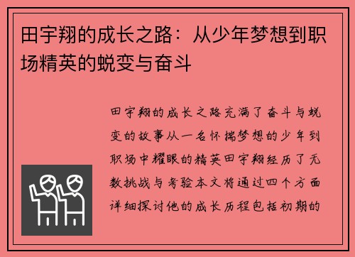 田宇翔的成长之路：从少年梦想到职场精英的蜕变与奋斗