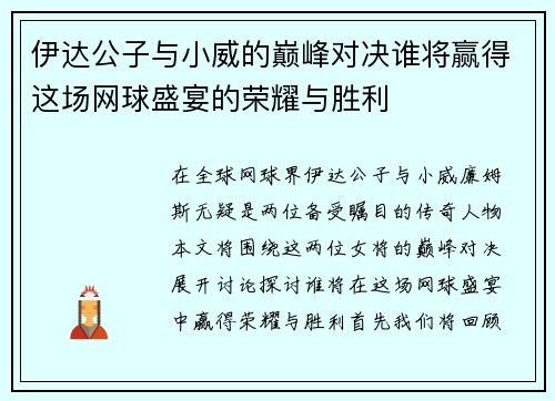 伊达公子与小威的巅峰对决谁将赢得这场网球盛宴的荣耀与胜利