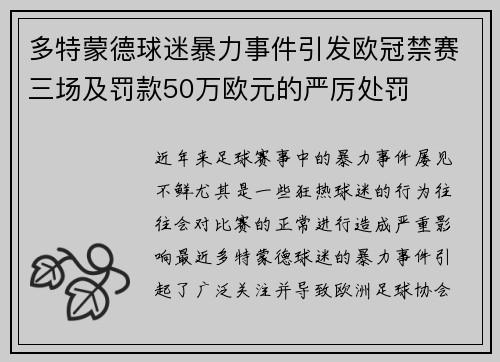 多特蒙德球迷暴力事件引发欧冠禁赛三场及罚款50万欧元的严厉处罚