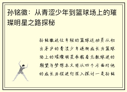 孙铭徽：从青涩少年到篮球场上的璀璨明星之路探秘