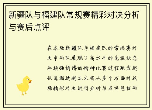 新疆队与福建队常规赛精彩对决分析与赛后点评