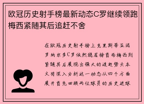 欧冠历史射手榜最新动态C罗继续领跑梅西紧随其后追赶不舍