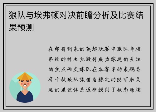 狼队与埃弗顿对决前瞻分析及比赛结果预测