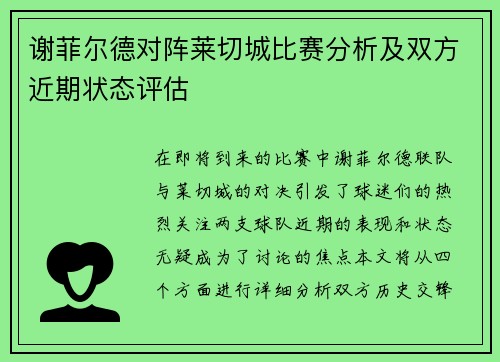 谢菲尔德对阵莱切城比赛分析及双方近期状态评估