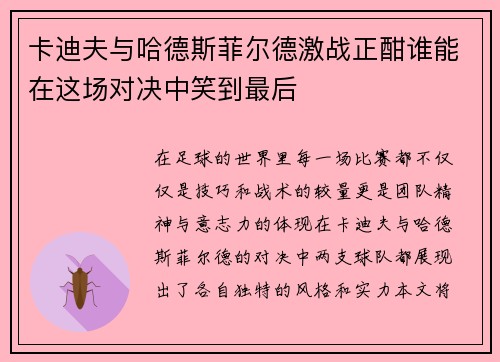 卡迪夫与哈德斯菲尔德激战正酣谁能在这场对决中笑到最后