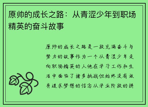 原帅的成长之路：从青涩少年到职场精英的奋斗故事