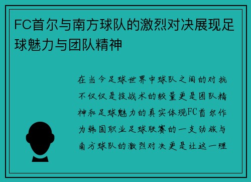 FC首尔与南方球队的激烈对决展现足球魅力与团队精神