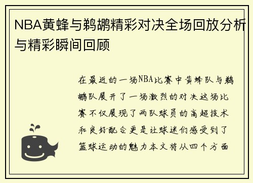 NBA黄蜂与鹈鹕精彩对决全场回放分析与精彩瞬间回顾