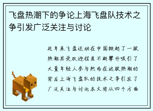 飞盘热潮下的争论上海飞盘队技术之争引发广泛关注与讨论