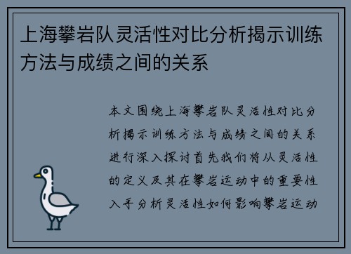 上海攀岩队灵活性对比分析揭示训练方法与成绩之间的关系