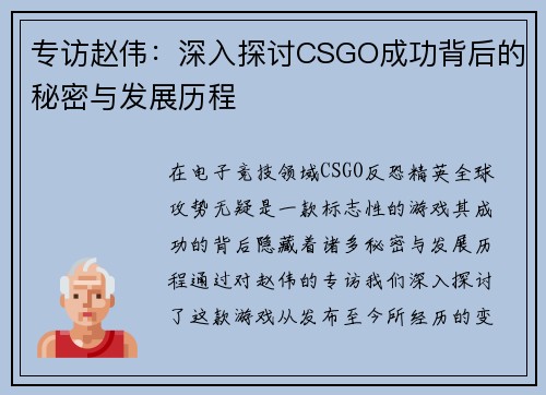 专访赵伟：深入探讨CSGO成功背后的秘密与发展历程
