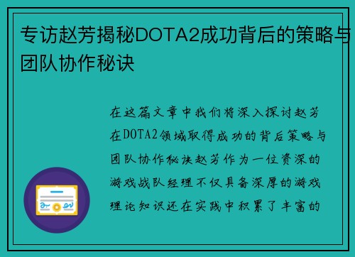 专访赵芳揭秘DOTA2成功背后的策略与团队协作秘诀